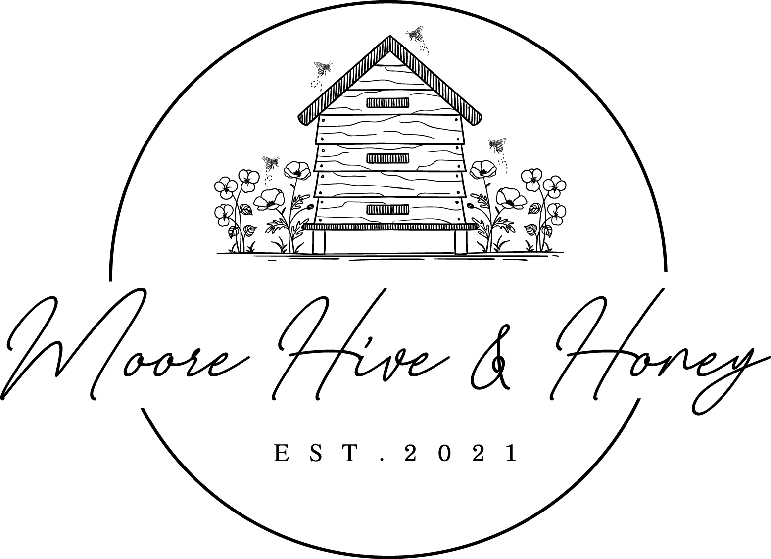 Moore Hive and Honey logo with a beehive, bees, and flowers